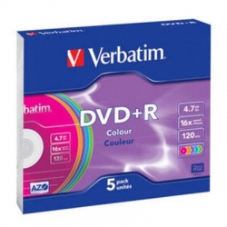 Verbatim DVD+R 4.7Gb 16X Colour Slim Case,5ks