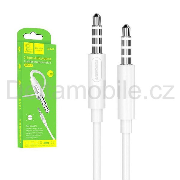 Stereo audio kabel Jack 3,5 mm – Jack 3,5 mm, 1 m, bílý Denmen DX01W