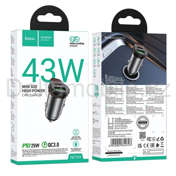 Hoco NZ16A autonabíječka 43W USB-A + USB-C PD QC 3.0 rychlonabíječka do auta